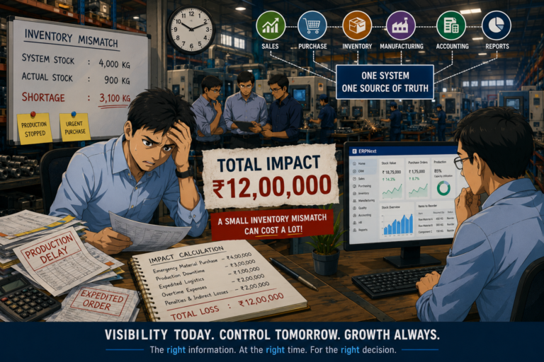 Manufacturing inventory management mistake causing ₹12 lakh loss due to inventory mismatch, production delay, and lack of ERP visibility