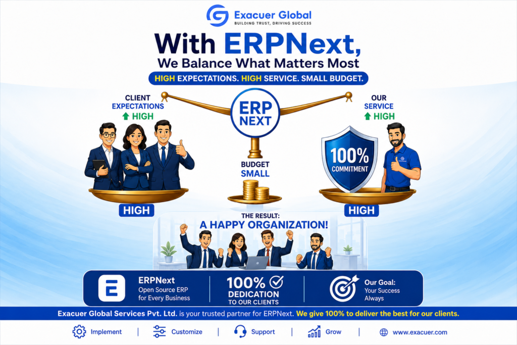 ERPNext Implementation by Exacuer Global Services helping businesses balance high expectations, cost-effective ERP solutions, cloud ERP, manufacturing ERP, business automation, inventory management, CRM and accounting.