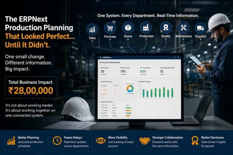 ERPNext Production Planning dashboard showing how integrated manufacturing planning helps prevent production delays, machine downtime, and coordination issues across departments.