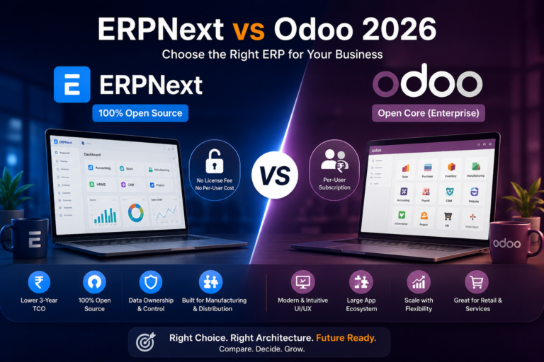 ERPNext vs Odoo 2026 comparison infographic showing ERPNext as a 100% open-source ERP with no license or per-user fees and Odoo as an open-core ERP with enterprise subscriptions. The graphic compares total cost of ownership, data ownership, manufacturing focus, user experience, app ecosystem, scalability, and business suitability to help organizations choose the right ERP solution.